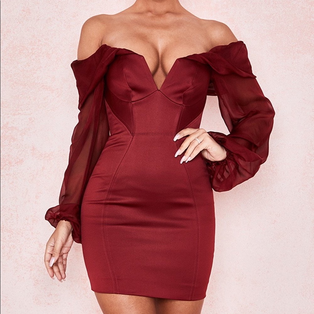 House of CB Olivia Wine Satin Off Shoulder Dress M